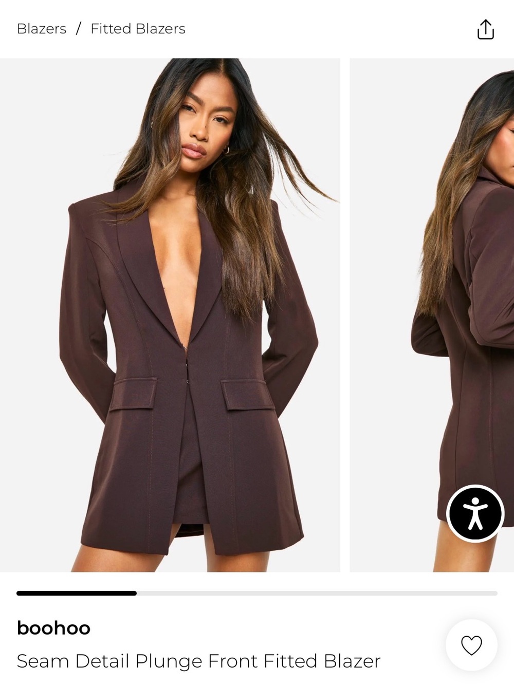 Boohoo Seam Detail Plunge Front Fitted Blazer. Size 6. NWT. Chocolate.